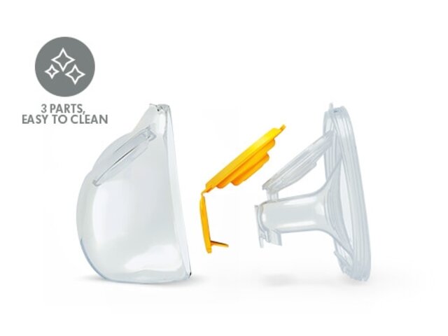 Medela Pump In Style® Hands-free double electric breast pump Hands-free collection cup separated into the three parts with image text, "3 parts - easy to clean"